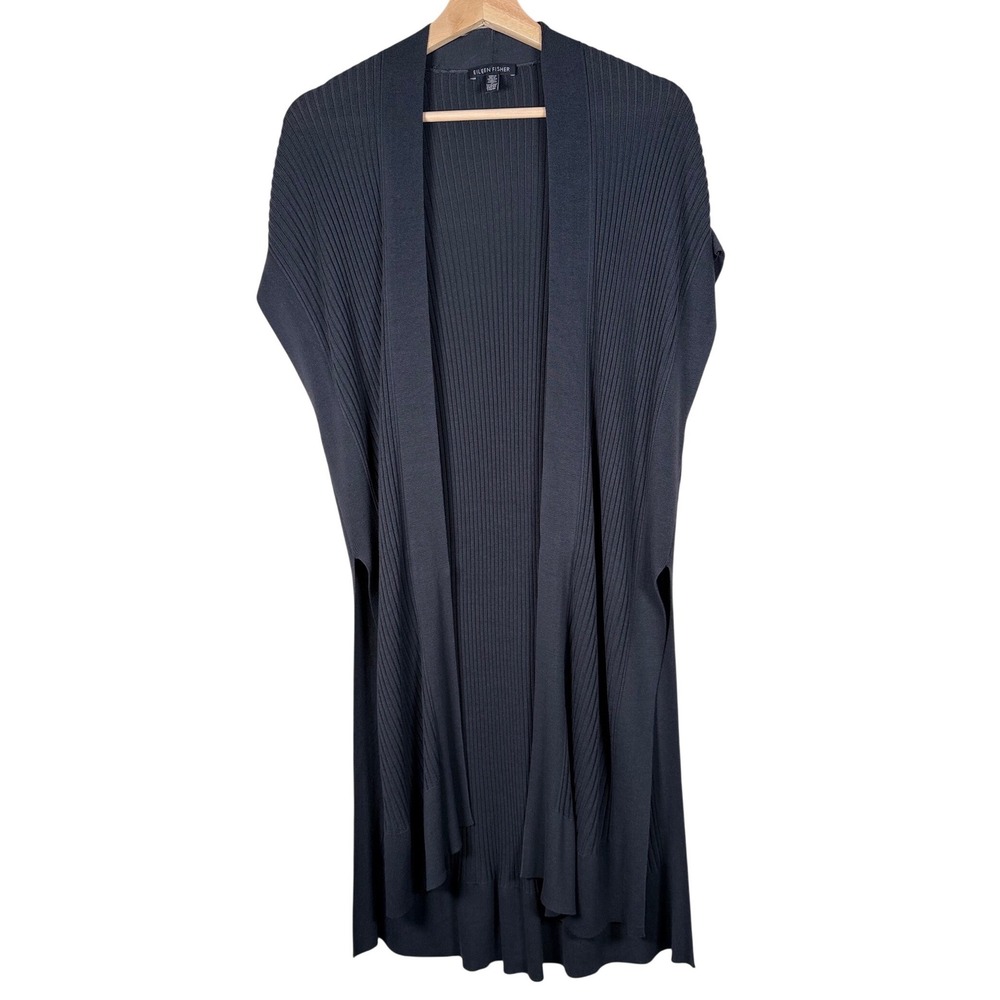Eileen‎ Fisher Dark Gray Ribbed Knit Open Front Long Cardigan Vest XXS XS